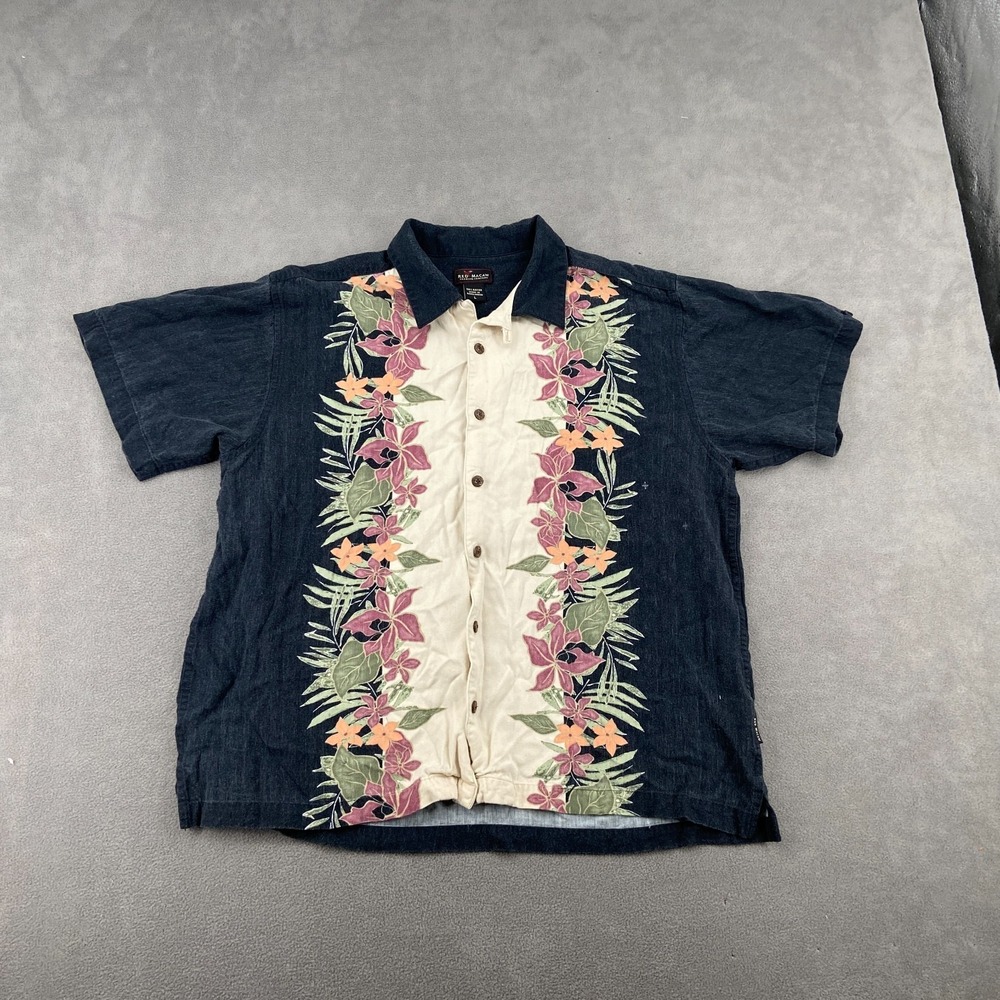 Red Macaw Trading Company Hawaiian Shirt Mens Large Blue Floral Button Up Beach